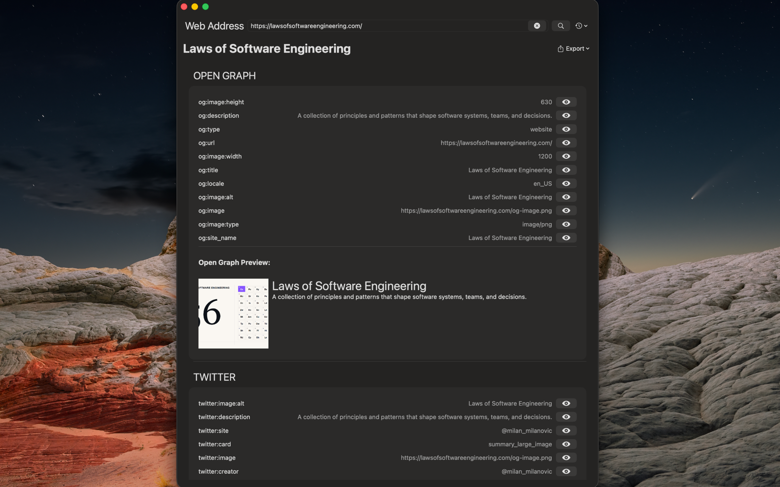 Open Graph and Twitter tag sections with a rendered preview card